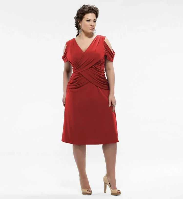 rote Damenkleider Kleider in großen Größen knielanges schickes Modell 