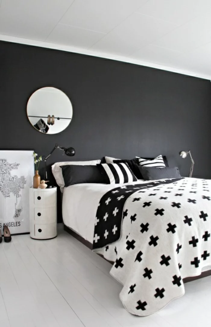 schwarze wandfarbe schlafzimmer einrichten schwarze akzentwand weißer boden