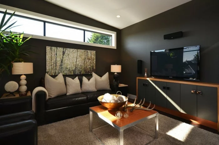 schwarze wandfarbe wohnzimmer beiger teppich helle dekokissen
