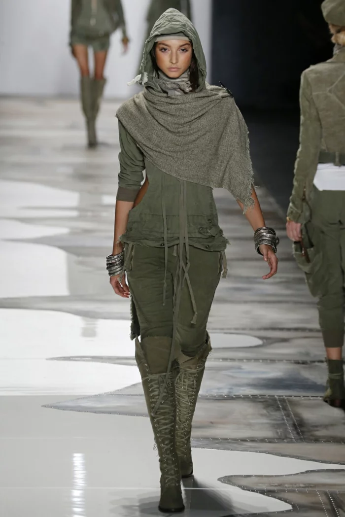 sommermode frauenmode damen greg lauren 2016 military stil schal kaputze stiefel 