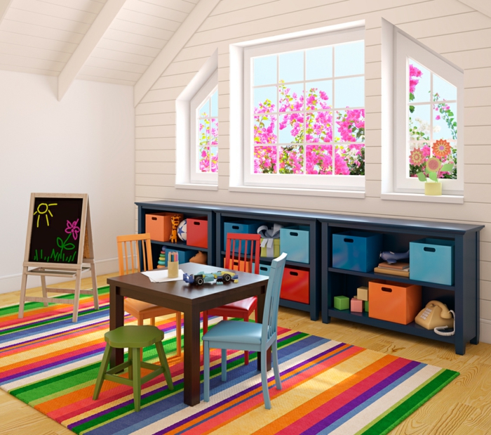 stauraum ideen wohnideen kinderzimmer farbige aufbewahrungskörbe streifenteppich