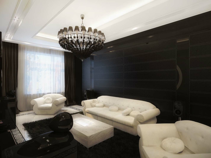 wandfarbe schwarz schwarze wandgestaltung weißes mobiliar schwarzer teppich
