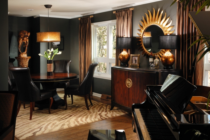 wandfarbe schwarz wohnzimmereinrichtung ideen essbereich hängeleuchte eleganter teppich