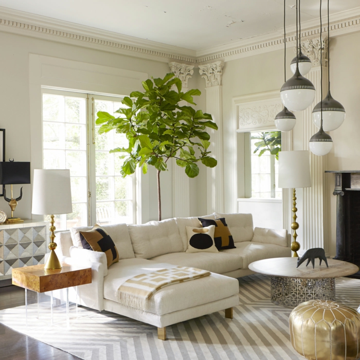 wohntrends wohnzimmer weißes interieur pflanzen teppichmuster