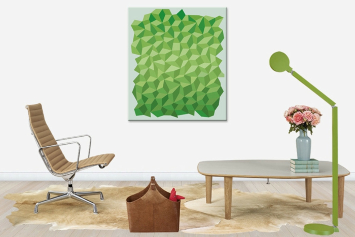 polygon wanddesign wanddeko grün wohnzimmer ideen