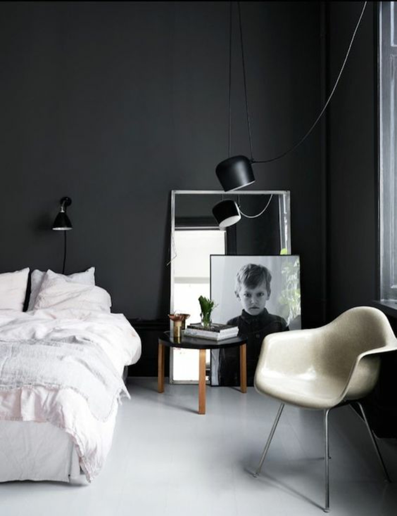 Schlafzimmermöbel Wandfarbe schwarz skandinavisch wohnen