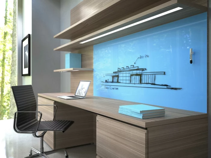 bueroeinrichtung modern ergonomisches home office wandregale schreibtisch bürostuhl