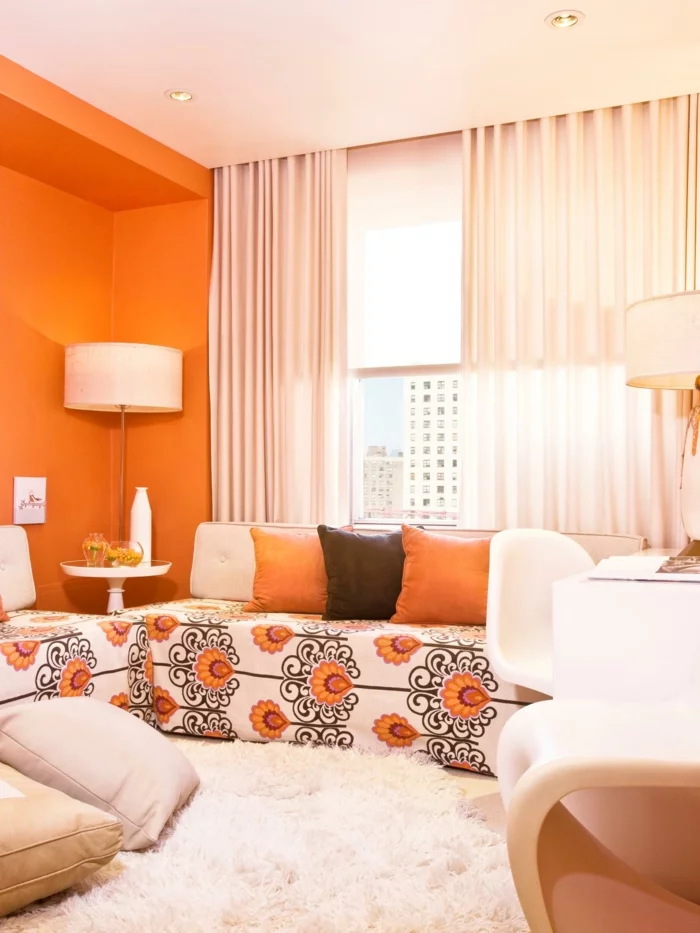 innendesign ideen kleines wohnzimmer frühlingsstimmung orange