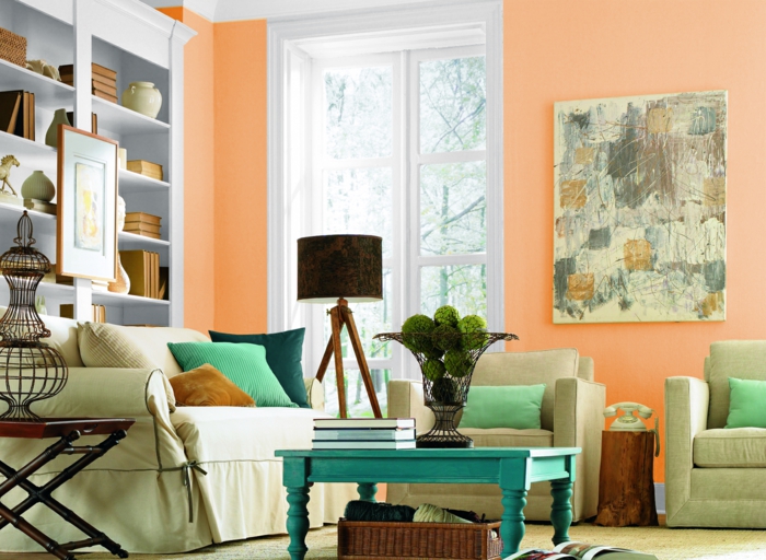 innendesign wohnideen wohnzimmer helle wände orange hellgrüne möbel