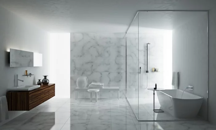 kleines bad einrichten badewanne freistehend oval beistelltische duschkabine moderne dusche