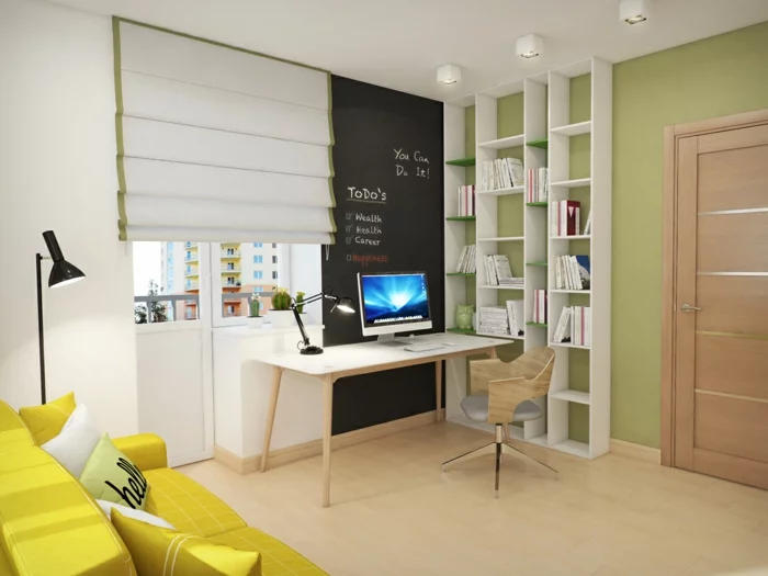 modernes home office einrichtung büro wandregal bücherregale schreibtisch stuhl