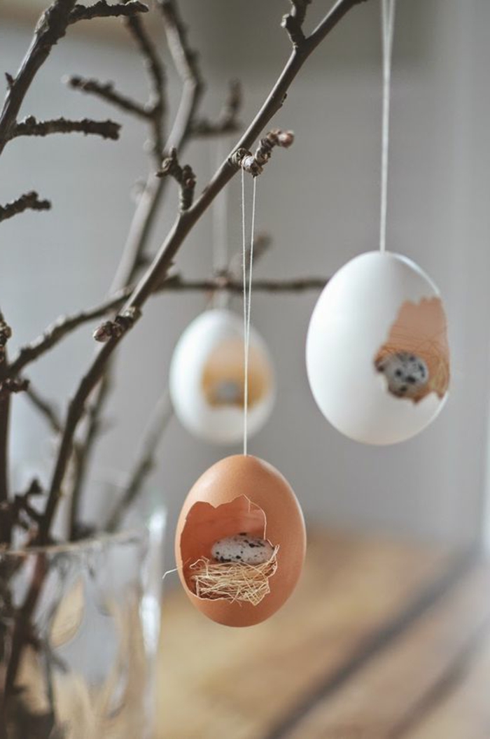dekoideen ostern eierschalen aufhängen zweige