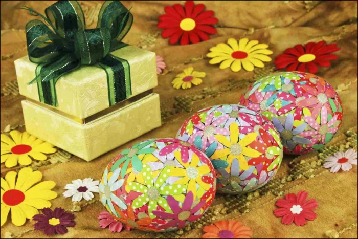 ostereier dekorieren basteln mit kindern blumen geschenkpapier eier gestalten