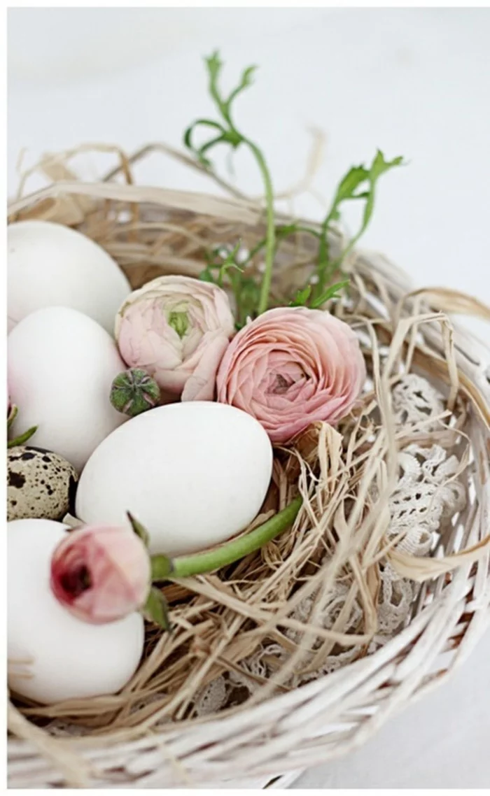 ostereier gestalten faerben weiße eier weidenkorb frühlingsblumen
