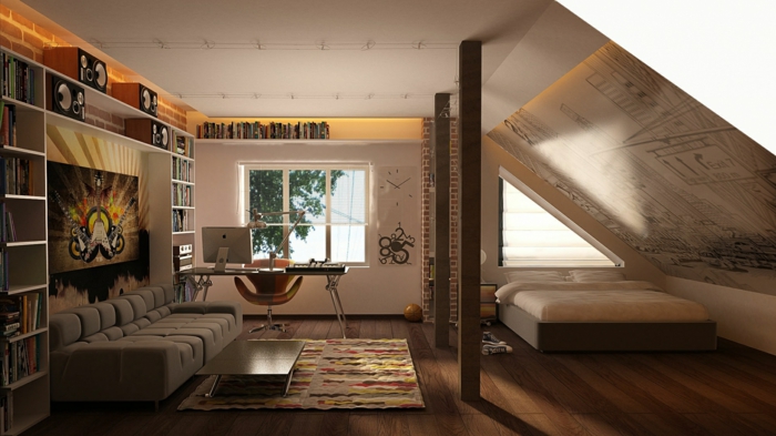 raumgestaltung dachgeschoss dachschräge home office sofa couchtisch teppich doppelbett