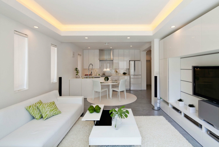 raumgestaltung weiße möbel küche essbereich wohnbereich sofa couchtisch