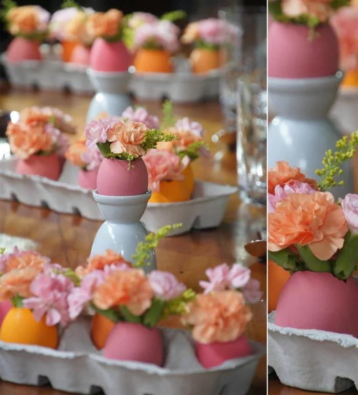 tischdeko ostern ostertischdekoration ideen rosa eierschalen vasen frühlingsblumen eierkartons