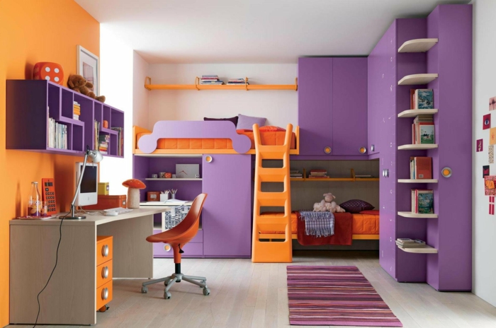 wandfarbe ideen kinderzimmer orange lila kombinieren teppichläufer