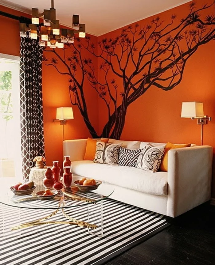 wandfarbe ideen orange wohnideen wohnzimmer streifenteppich