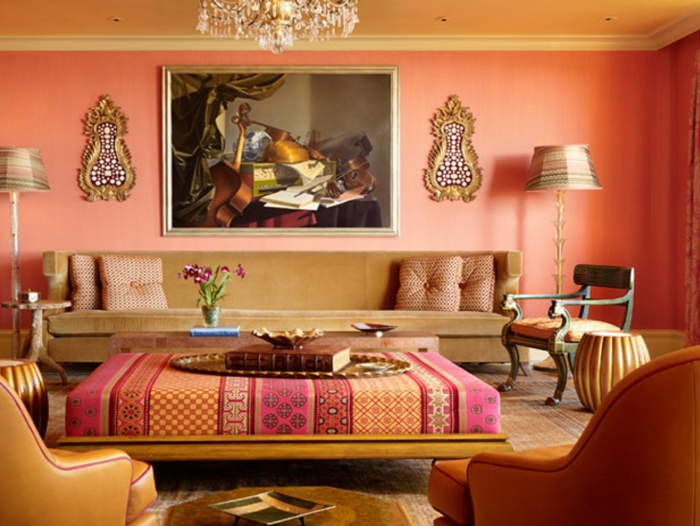 wandfarbe ideen wohnzimmer marokkanischer stil orange wände