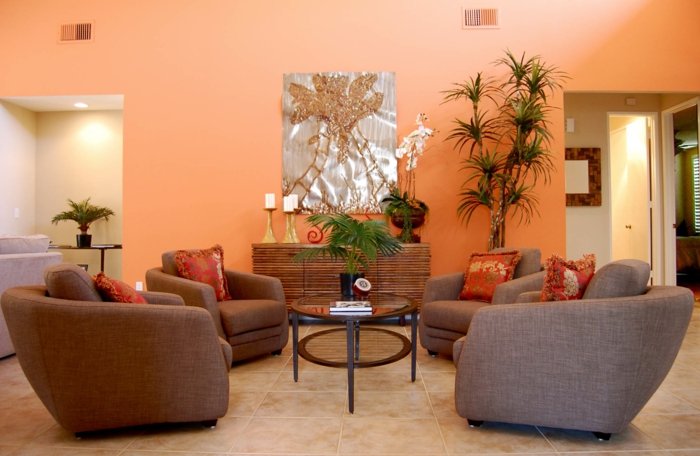 wandfarbe ideen wohnzimmer orange wände pflanzen