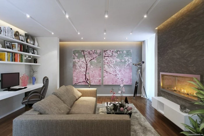wandgestaltung wanddeko frühlingsblüten ethanolkamin eingebaut sofa couchtisch glas schreibtisch bürostuhl