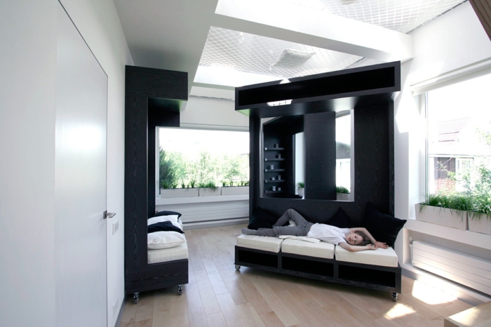 wohnraumgestaltung einzimmerwohnung mobile möbel couch raumteiler