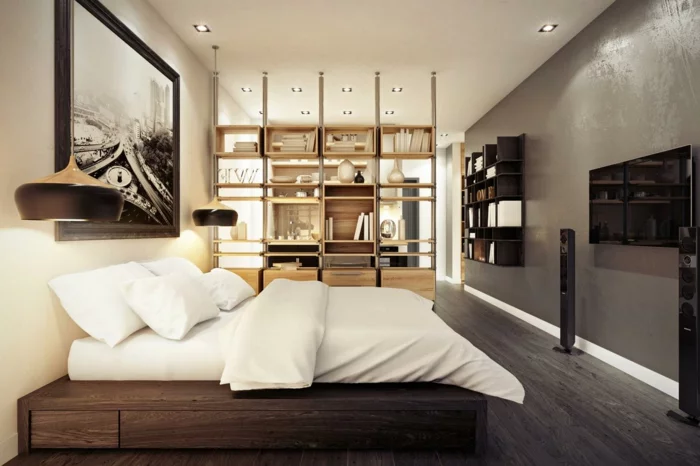 wohnraumgestaltung schlafzimmer raumteiler regale wandregale