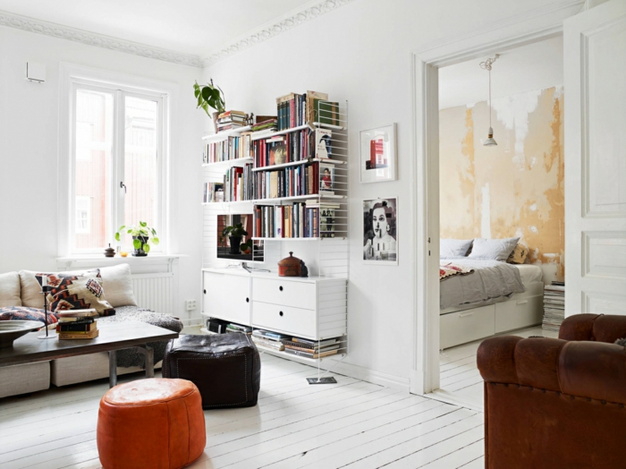 wohnraumgestaltung weiße wände wandregale bücherregale wohnzimmer ideen