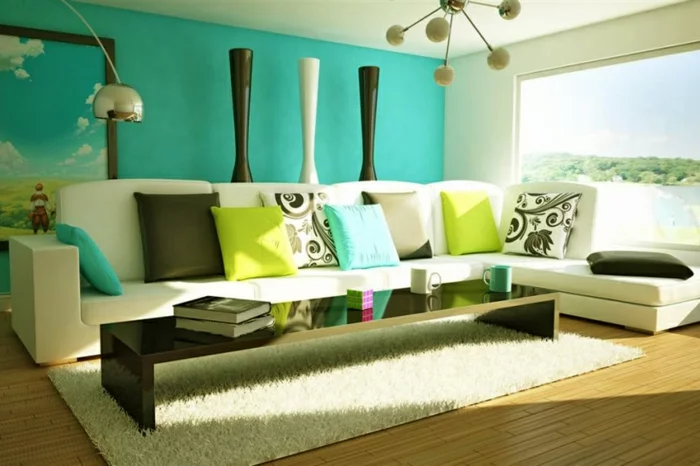 wohnungseinrichtung ideen farbige dekokissen heller teppich wohnzimmer