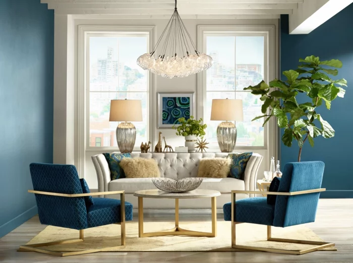 wohnungseinrichtung ideen wohnzimmer blaue wandfarbe pflanze