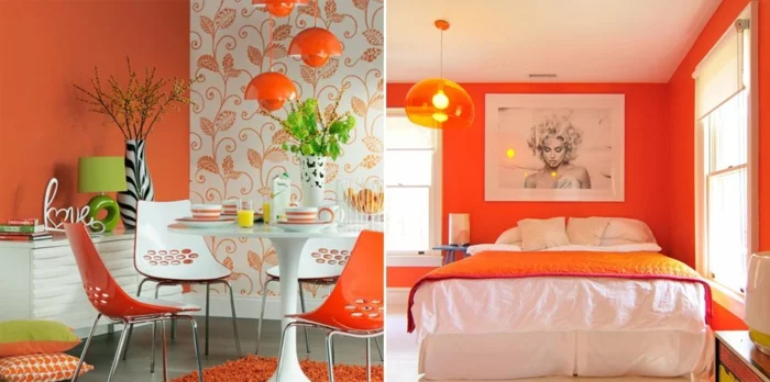 50er jahre stil retro einrichtung esszimmer schlafzimmer doppelbett orange wandfarbe