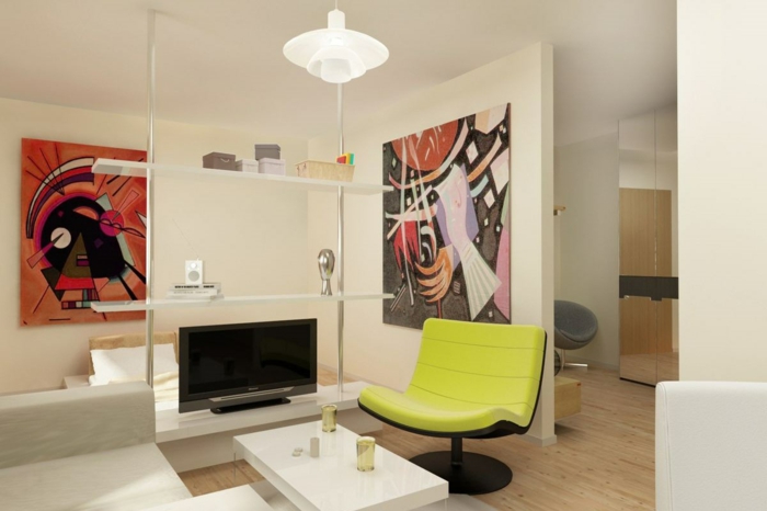 50er jahre stil retro einrichtung innovative möbel designer sessel neongelb weißer couchtisch sofa moderne wandkunst