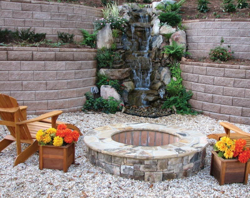 Feuerstelle bauen Wasserquelle Stein Steine und Kies Gartengestaltung gemütliche Sommerabende