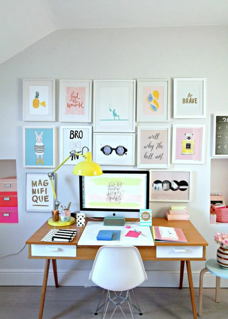 Fotowand Ideen Home Office Wand dekorieren farbige Ecke gestalten