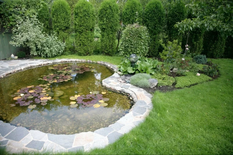 Gartenteich Bilder Gartenkunst Wasserpflanzen Teich in Herzform grüner Rasen grüne Bäume