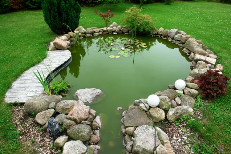 Gartenteich Bilder japanischer Garten Ideen Wasserpflanzen im Teich grüner Rasen Sträucher