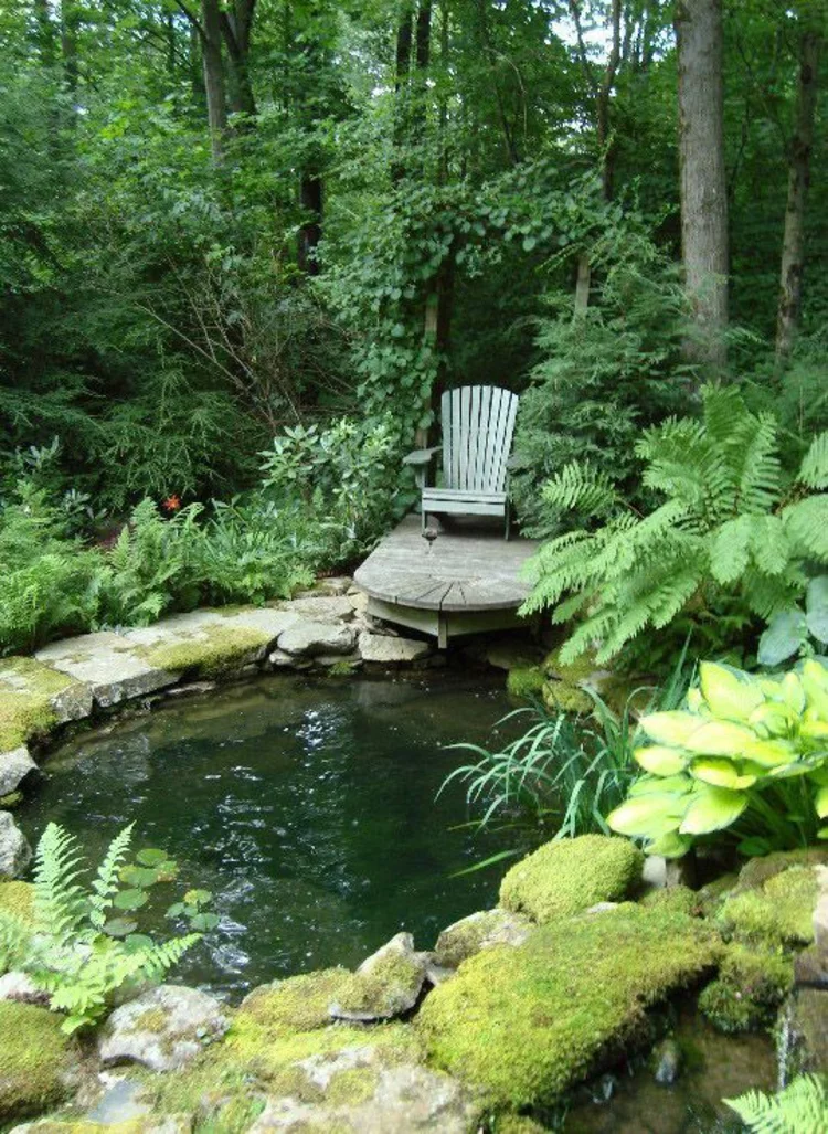 Ruhe Oase im Freien Gartenteich Bilder Wasser Gartenpflanzen Teich Holzstuhl