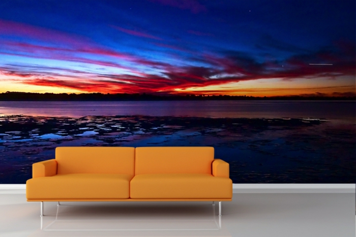 ausgefallene tapeten strand sonnenuntergang oranges sofa