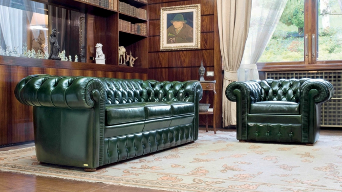 chesterfield sessel echtleder grün wohnzimmer einrichten luxus stil
