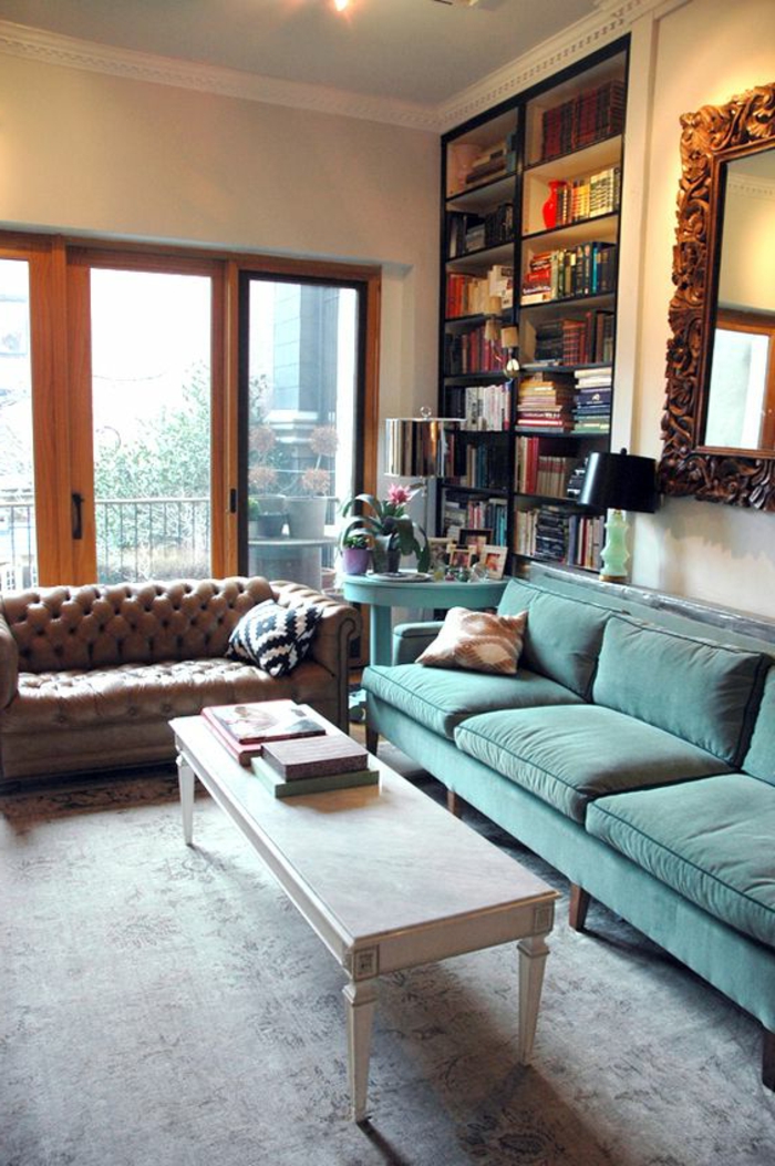 chesterfield sofa hellgrünes sofa hellgrauer teppich wohnideen wohnzimmer