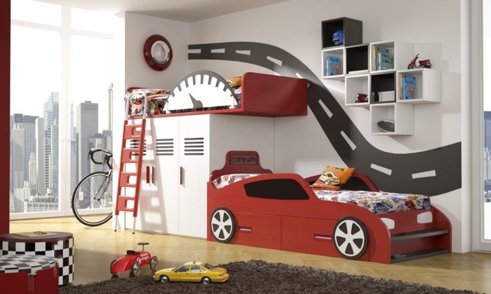 einrichtungsideen kinderzimmer jungenzimmer auto bett regalsystem weiß rot