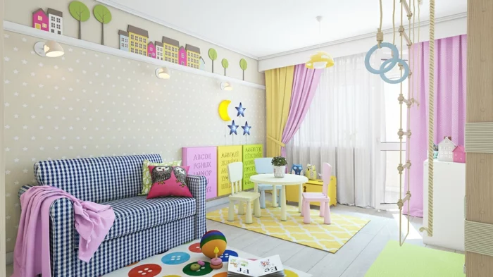 einrichtungsideen kinderzimmer sofa bereiche farbige deko lila gardinen
