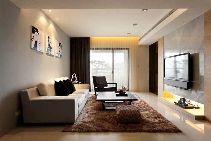 einrichtungsideen wohnzimmer gestalten fernseher brauner teppich dunkle gardinen