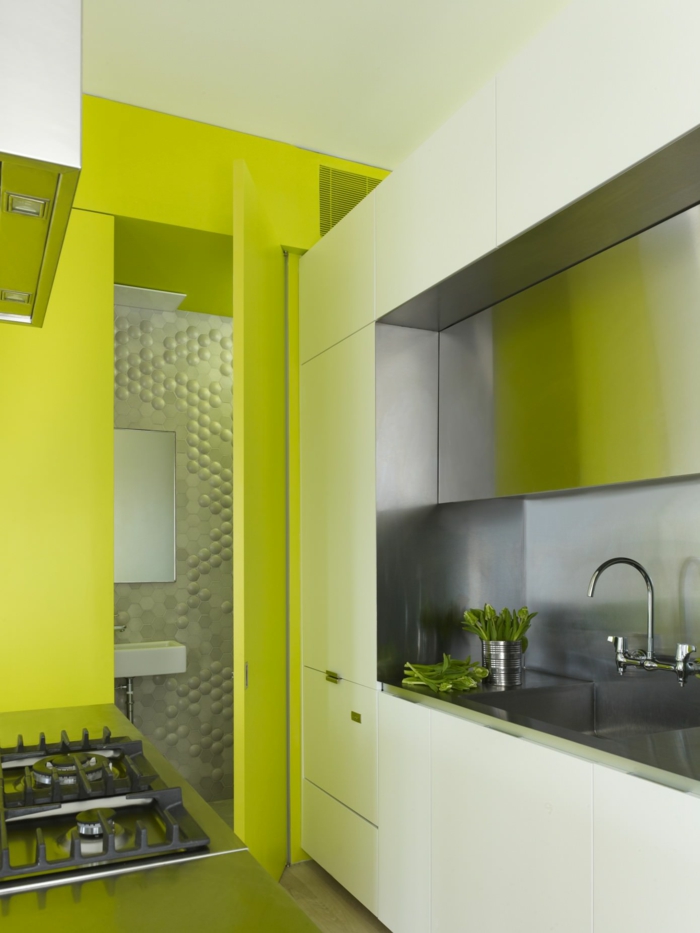 einzimmerwohnung einrichten box küche neongrüne wände metall küchenrückwand