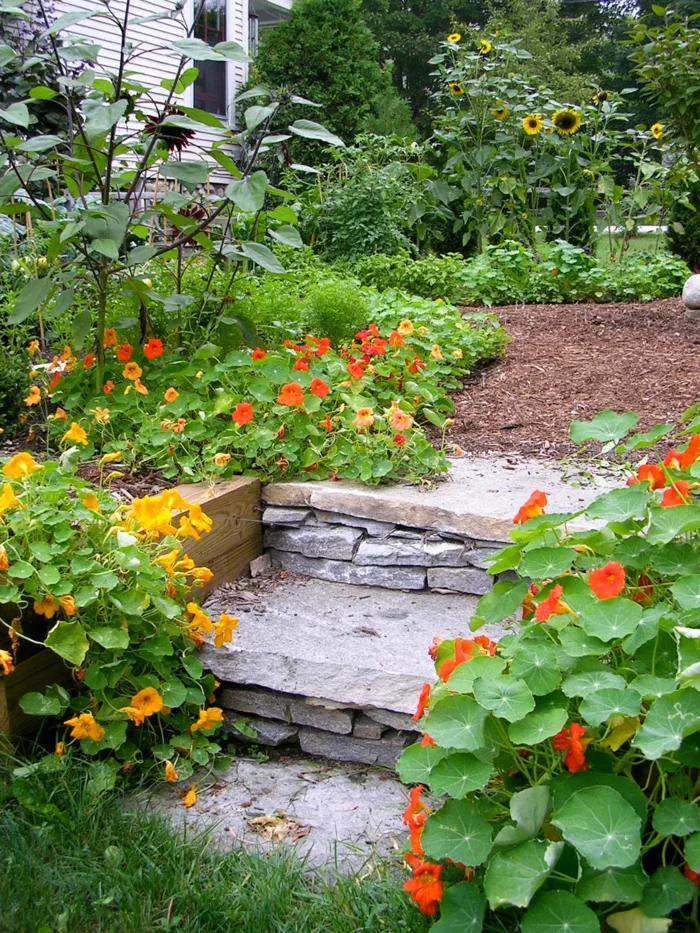 Gartengestaltung mit Steintreppen und Blumen