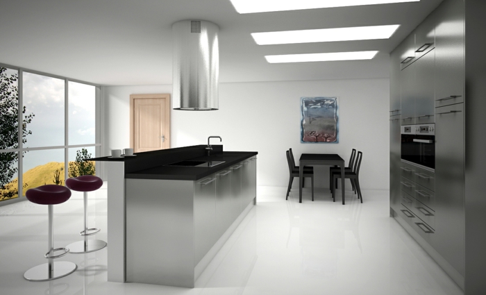 ikea küchen futuristisches design kücheneinrichtung innovativ metallene fronten esstisch stühle runde barhöcker