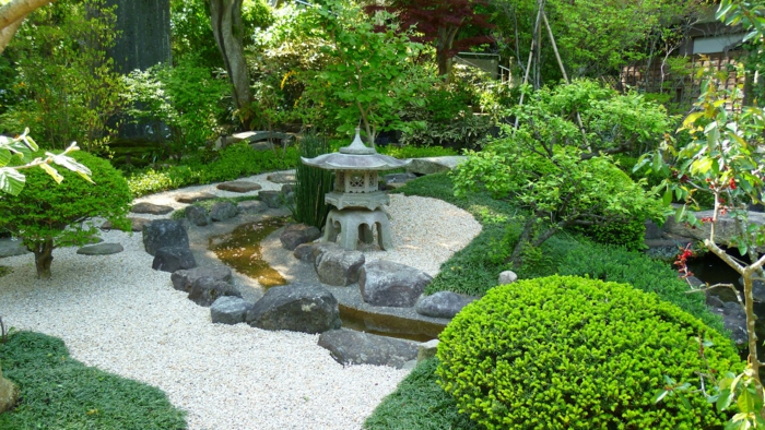 japanischer garten natursteine kieselsteine grüne pflanzen steinlaternen gartengestaltung