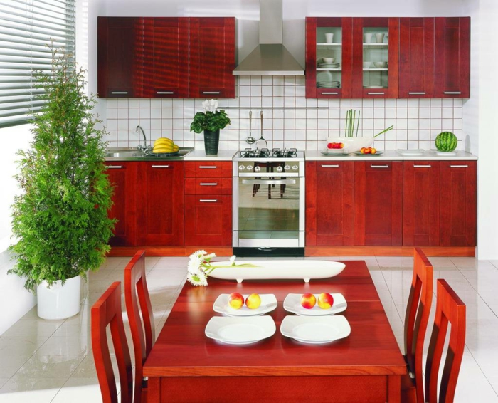 küchengestaltung qi energie feng shui küche einrichten rote küchenschränke holz