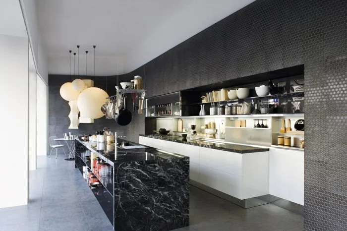 küchenmöbel material kücheninsel marmor offene wandregale